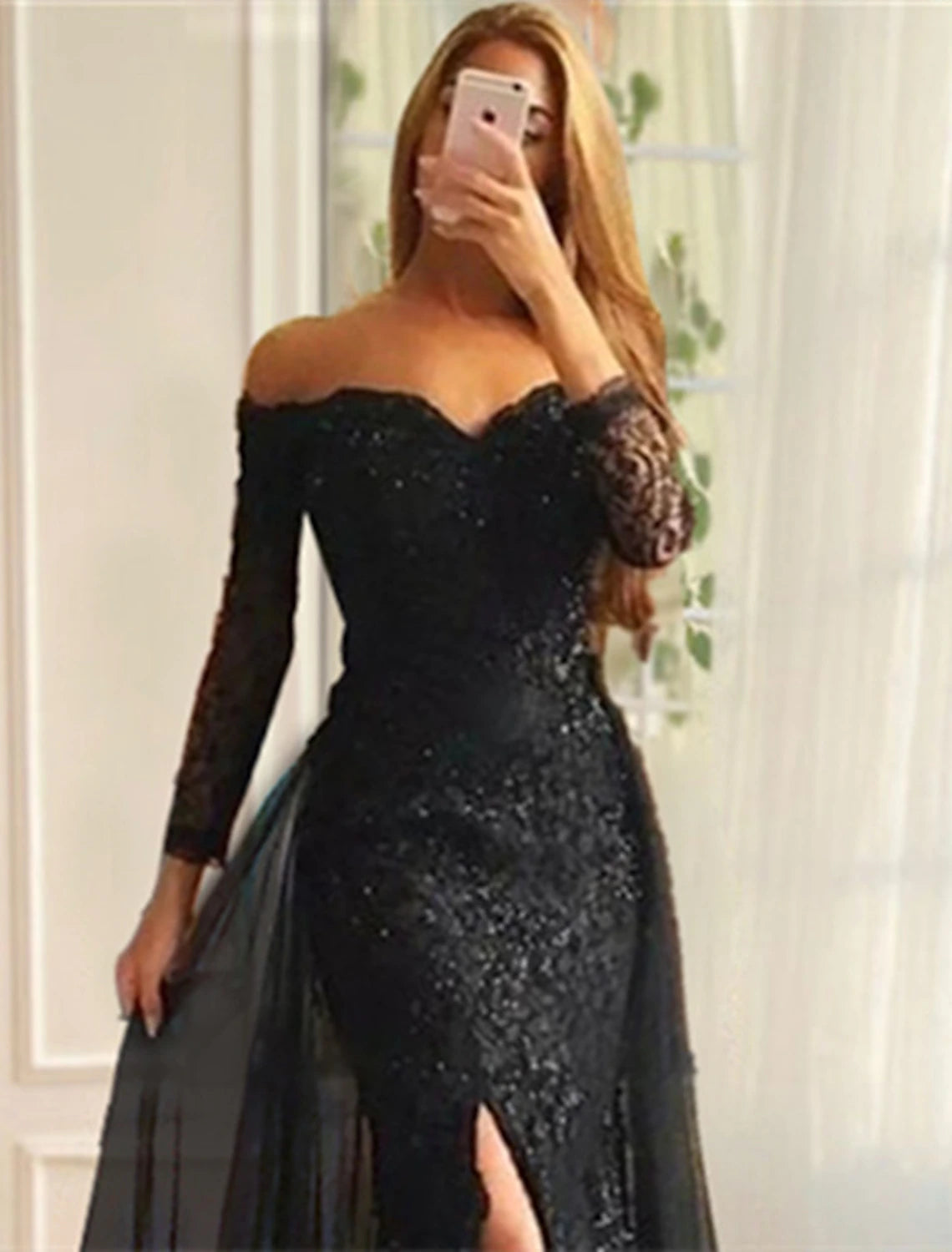 Meerjungfrau-Abendkleid, geblümtes Karnevalskleid, formelle Hochzeit, Schleppe/Pinselzug, lange Ärmel, schulterfrei, Herbsthochzeitsempfang, Chiffon mit Schlitzapplikationen
